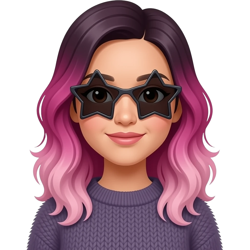 medium skinned vietnamese woman with dark brown medium eyes with slightly wavy ombre hair that is magenta at the top fading to light pink at the bottom, wearing a deep gray-violet fluffy sweater and sunglasses in the shape of a star with opaque black lenses emoji