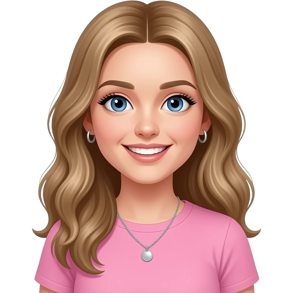 woman, blue eyes, late twenties, mousey blonde hair, long wavy hair with middle parting, baby pink t shirt, silver pendant necklace, small silver hoop earrings, long eyelashes, smile with teeth emoji
