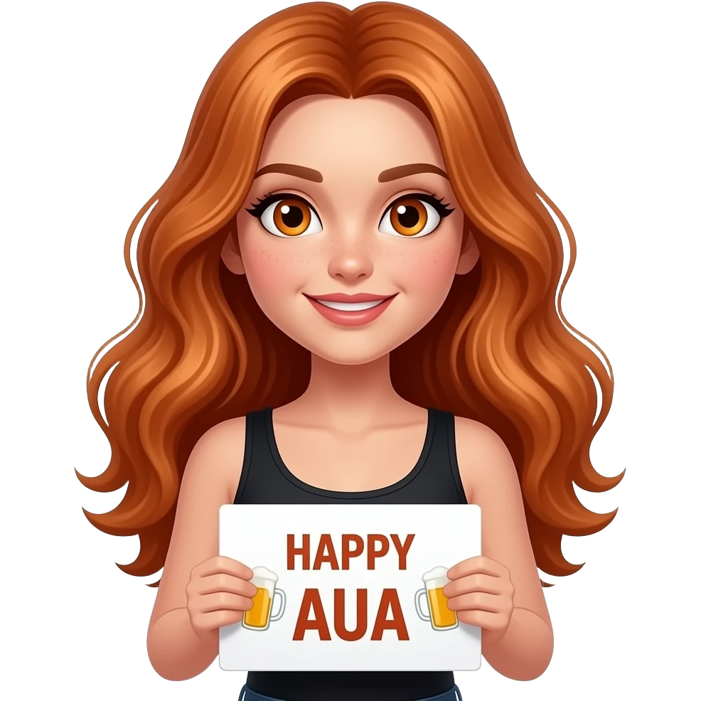 sexy girl with long wavy ginger hair and ginger eyes wearing a black tanktop is holding a white colored sign with 🍻 HAPPY AUA 🍻 written on it emoji