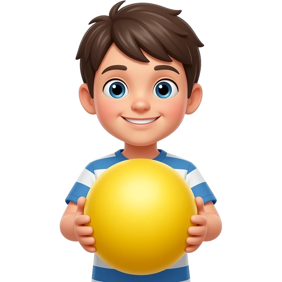 A boy holding a very yellow colored big ball emoji