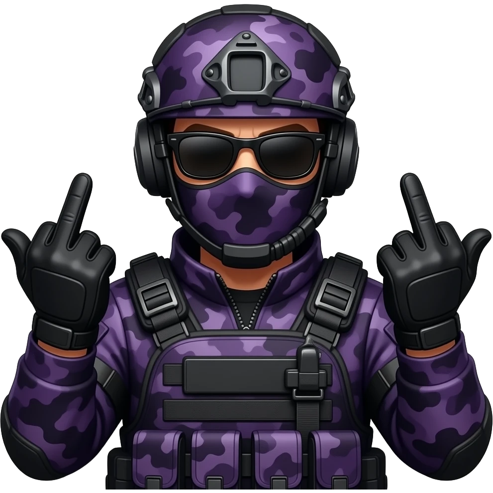 Man in large black sungoggles dark purple camoflage tactical gear helmet and mask giving the finger two times in black gloves emoji