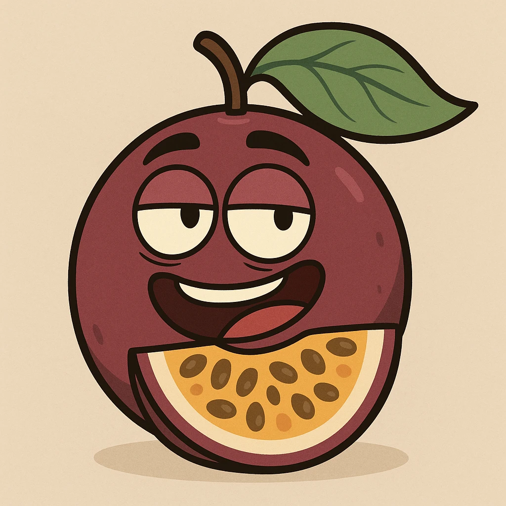 a stylized passionfruit with a leaf, bold outlines, cartoon style emoji