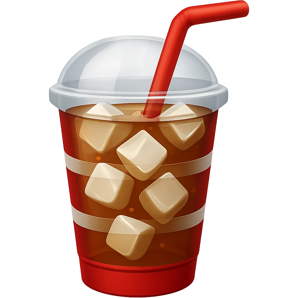 Make the soft drink cup red and white in the style of apple emojis, add visible ice cubes, with no background. Keep the emoji style look. emoji