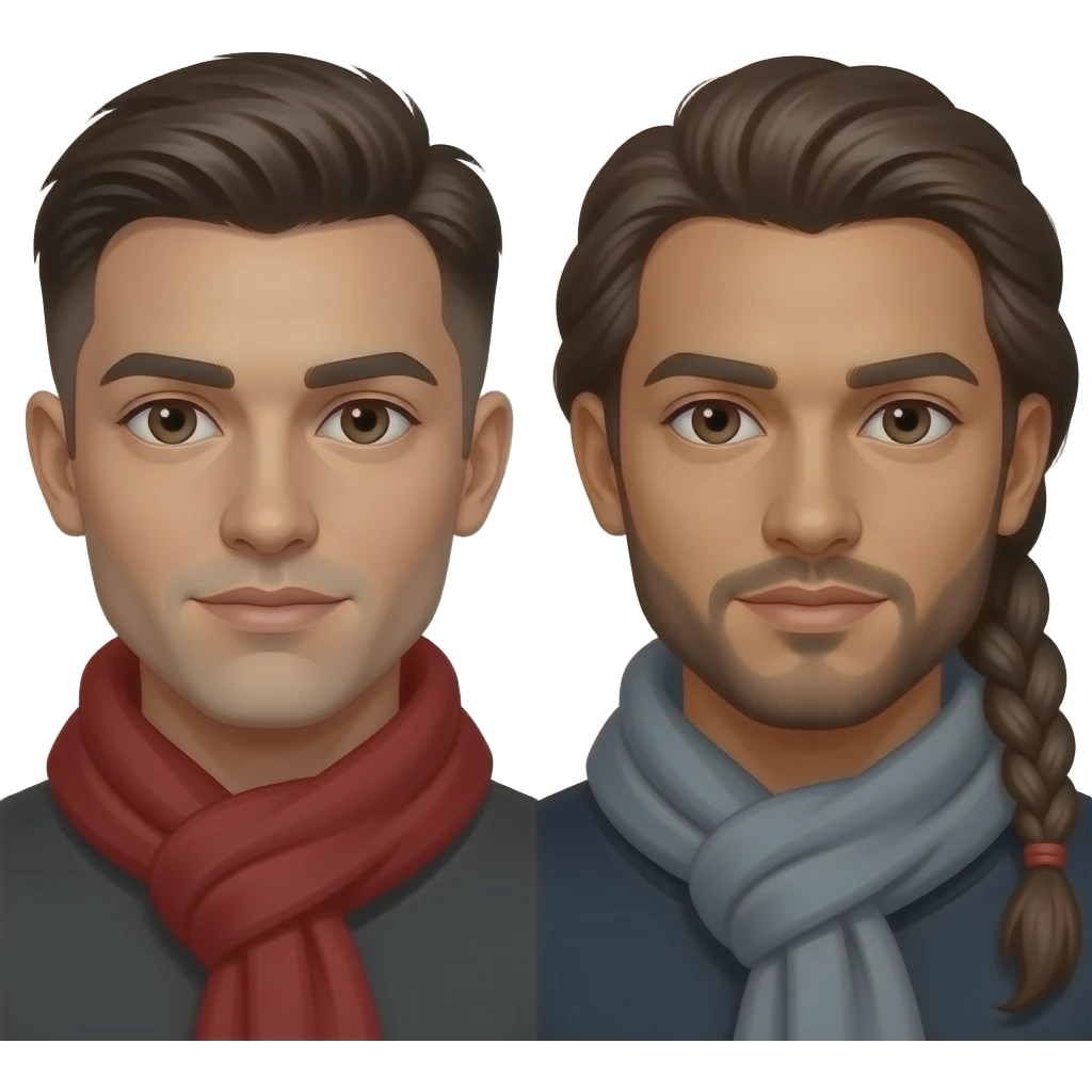 Koyu kahverengi gözlü, Kumral, Buzz Cut saçlı biraz daha uzun olsun ve saçı düz olsun, ten rengi buğday olsun, üstüne kırmızı hırka giydir, ve yanına koyu kahverengi gözlü, saçı uzun olan, saçı örgülü olan, Kumral saç olsun ve üstünde gri hırka olsun, ten rengi buğday olsun emoji