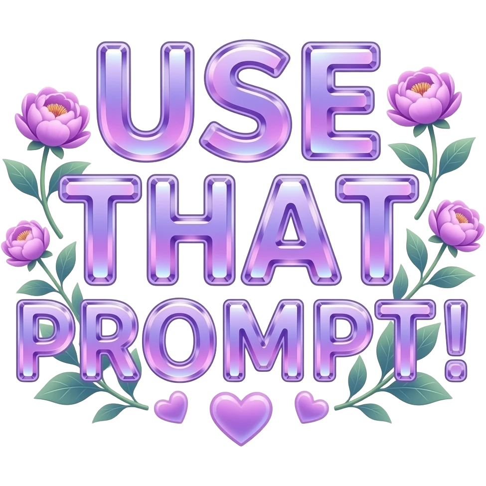 An uppercase text 'USE THAT PROMPT!' sculpted from translucent crystal that glows with a soft violet light. Miniature glowing peonies and tiny heart-shaped leaves grow along its edges. Iridescent texture, fairycore aesthetic, macro photography style emoji