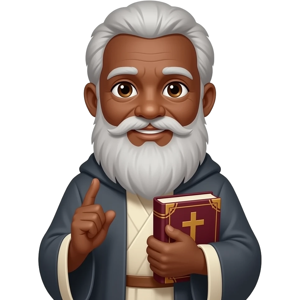wise old man with grey hair robe slight brown eyes white beard black skin warm holding burgundy book that has a cross on it emoji
