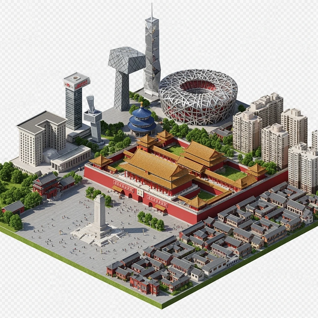 Isometric miniature of Beijing Forbidden City, Tiananmen Square, CCTV Headquarters, Temple of Heaven, Bird’s Nest Stadium and crowded hutong alleys, sprawling apartment blocks, 3D miniature effect and Tilt Shift effect, no cartoonish look, transparent background. emoji