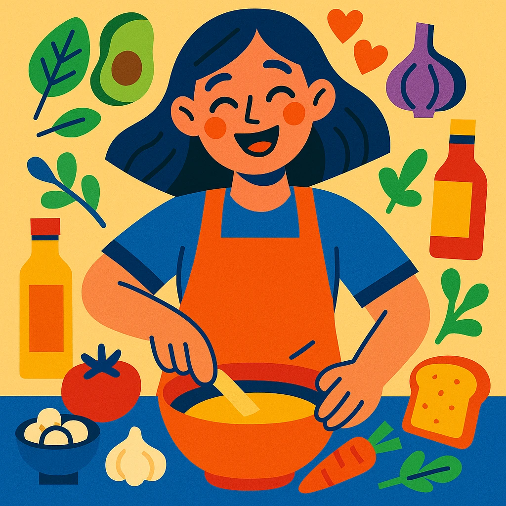 a joyful girl making food, surrounded by ingredients, radiating happiness and affection emoji