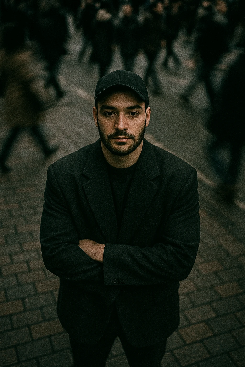 overhead shot of me standing still on a brick city sidewalk, wearing a dark oversized blazer,
motion-blurred crowd rushes past around me. Moody lighting, 35mm film look, shallow depth of field, sharp focus on me. emoji