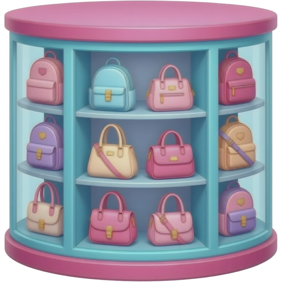 pink, blue, a rotating handbag display cabinet, circular wardrobe filled with a variety of bags including backpacks, handbags, shoulder bags, mini bags, tote bags, and crossbody bags inspired by Barbie colour palette emoji