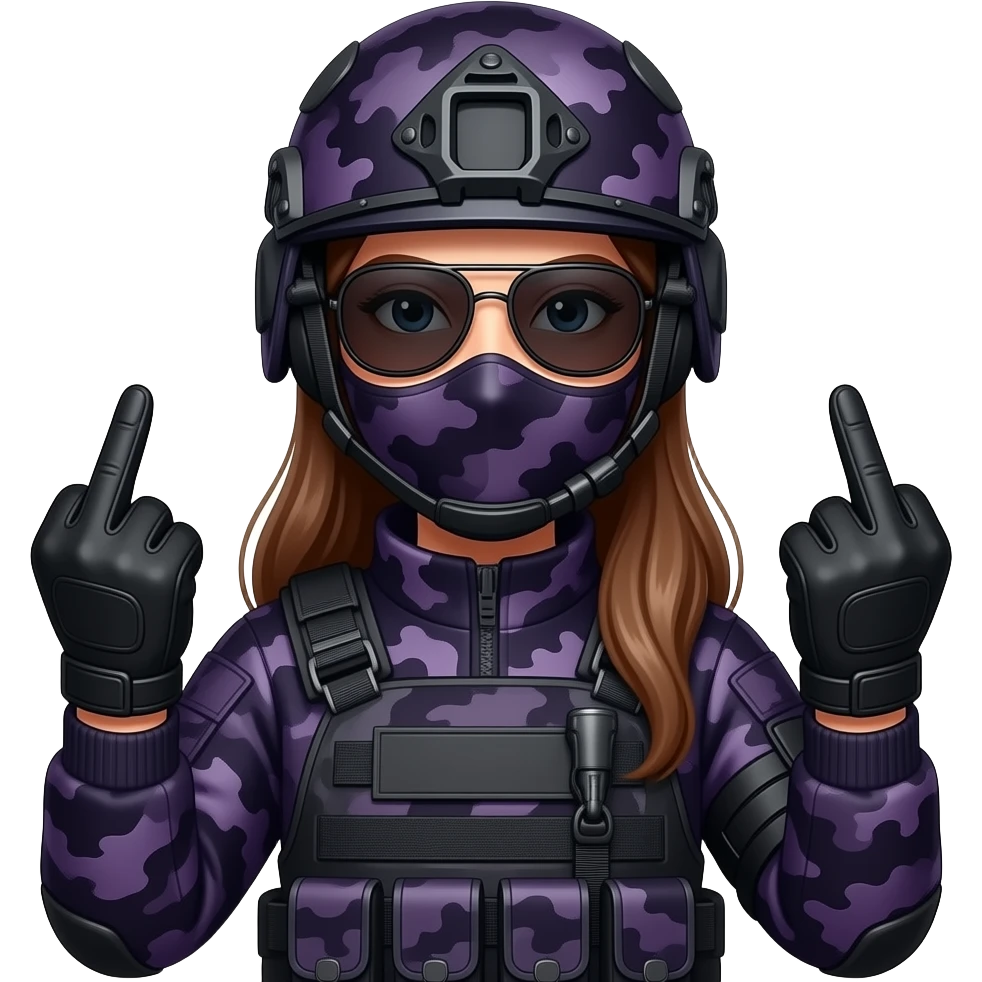 Woman with long hair in large black aviator sunglasses dark purple camoflage tactical gear helmet and mask giving the finger two times in black gloves emoji