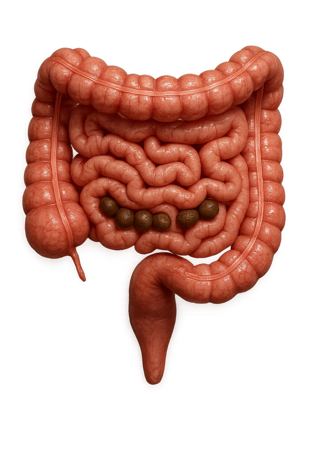 intestino umano anatomico, iperrealistico 4k, con feci a palline emoji