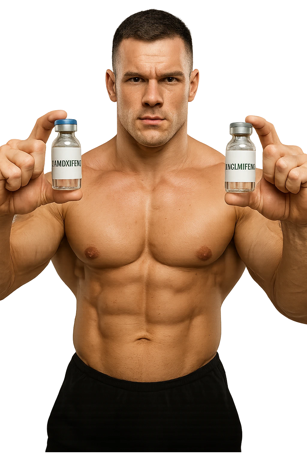 bodybuilder tiene una fiala medica con la scritta "TAMOXIF€NE" NELLA MANO DESTRA E UNA FIALA CON LA SCRITTA €NCL*MIFENE" NELLA MANO SINISTRA emoji