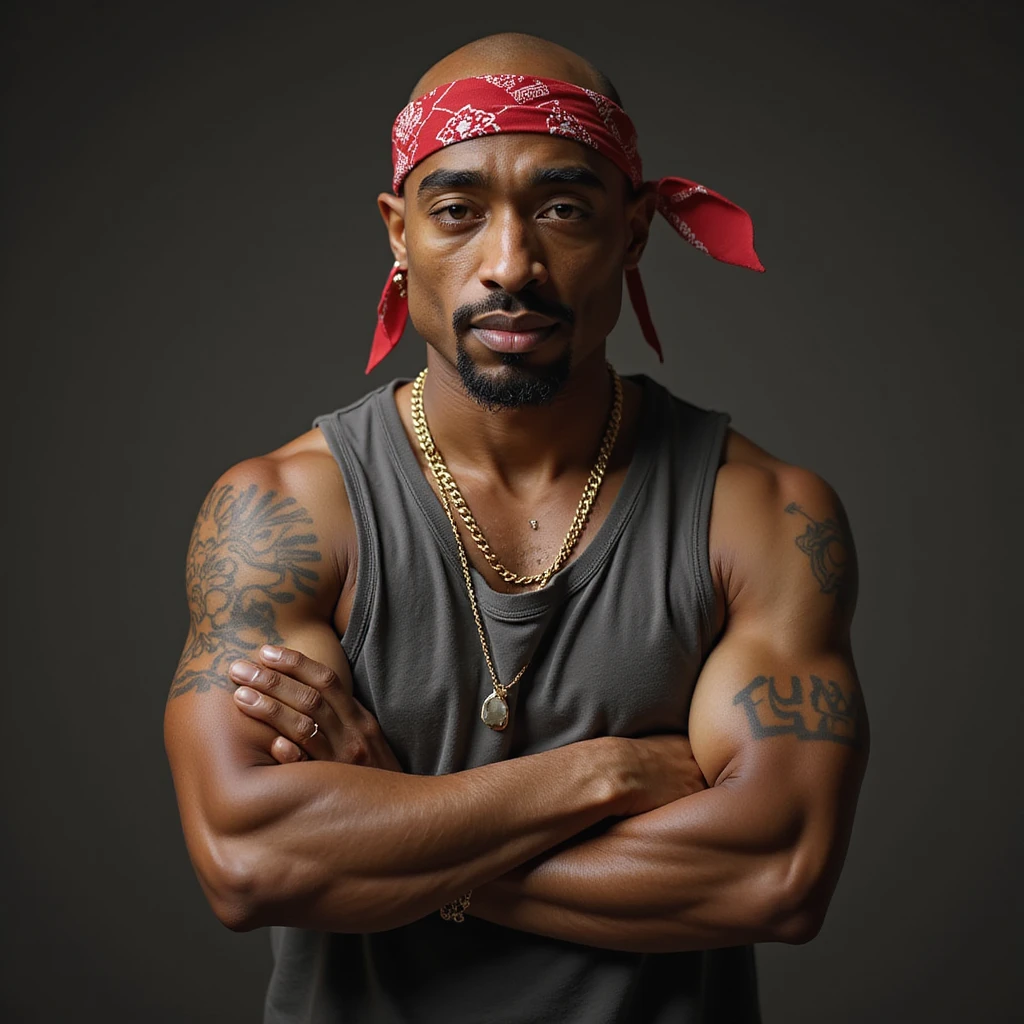 Tupac Shakur with arms crossed, realistic style, iconic bandana, confident expression emoji