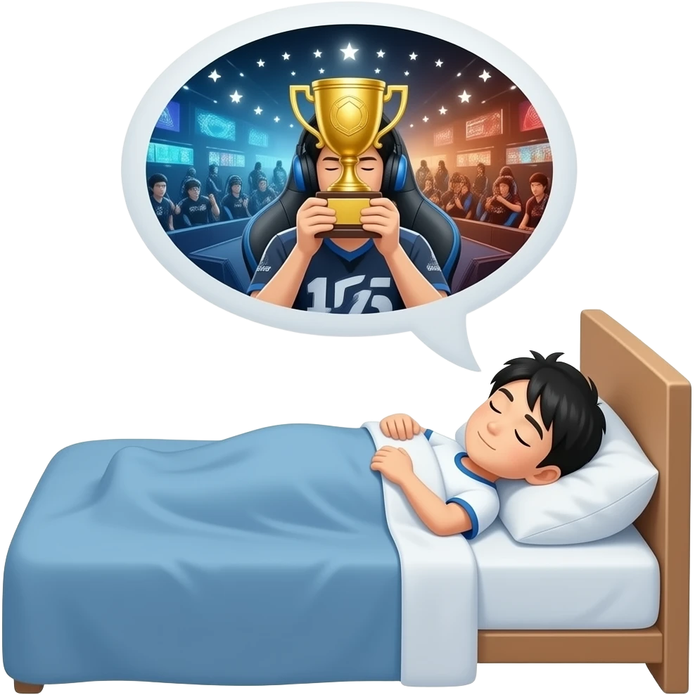 22 year old japanese boy sleeping in bed with a speech bubble of him playing in esports tournament and winning the trophy emoji