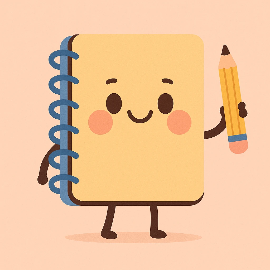 minimalist happy notebook with pencil, symbolizing daily writing and reflection, pastel cartoon style emoji