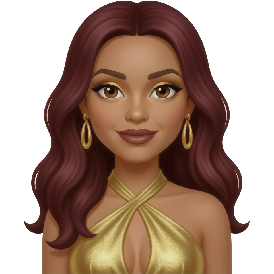 LaTavia Robeson from Destiny's Child with dark brown eyes, long dark red hair, gold eyeshadow, dark brown lipstick, gold metallic halter dress, gold earrings emoji