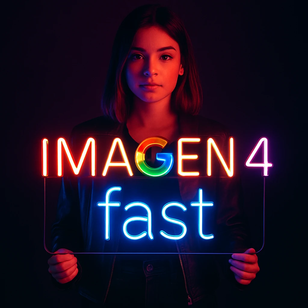 make a girl holding this sign, but sign in made of neon, also add fast below the sign emoji