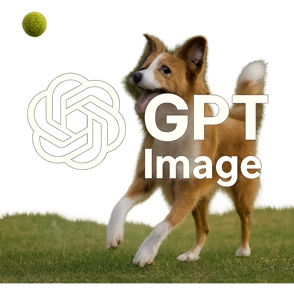 logo of chat gpt with text "GPT Image" on the background of a dog chasing ball, realistic image emoji