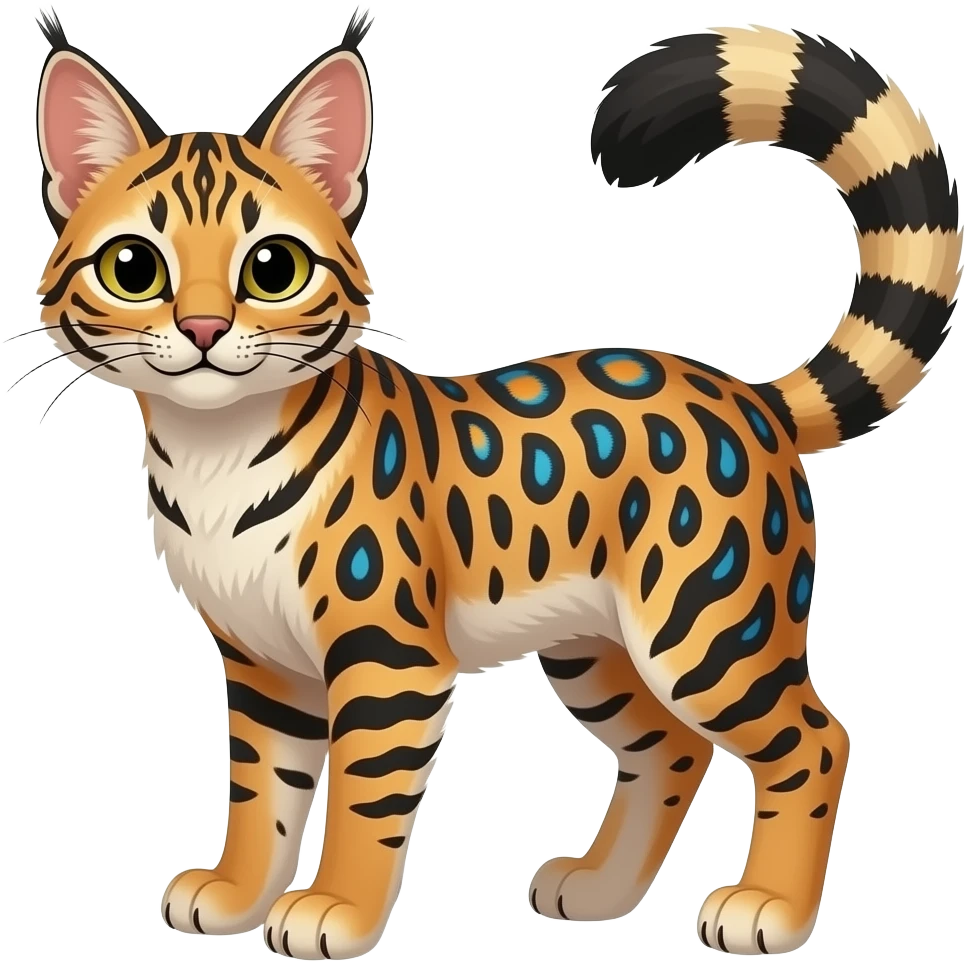 Colorful Tribal-Patterned vernid-Civet-Genet-Bobcat-Caracal-Serval-animal-hybrid-mix fantasy creature LiLaiRa Kamirah Falvie whiskers paws full body gradient stripes tufted tail feline emoji