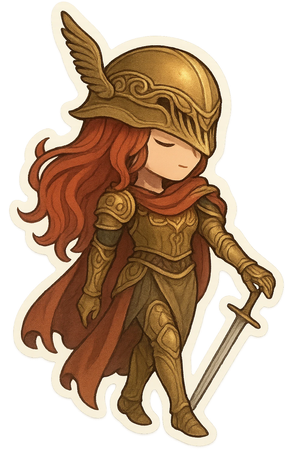 Malenia, Blade of Miquella, chibi style, helmet with feathered crest, red hair visible, golden armor, prosthetic arm, holding sword, standing in a graceful pose, fantasy boss emoji