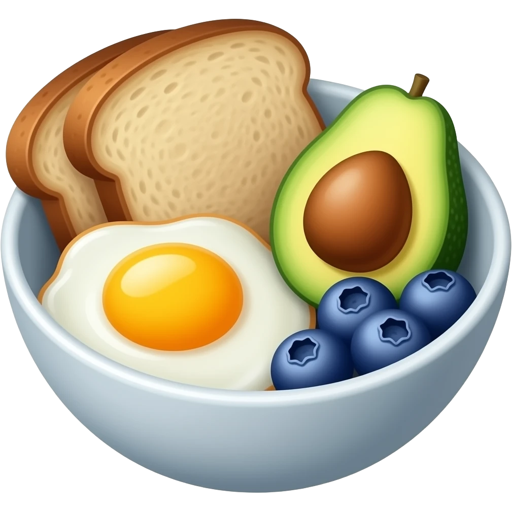 bowl with sunny side eggs sourdough avocado blueberries emoji