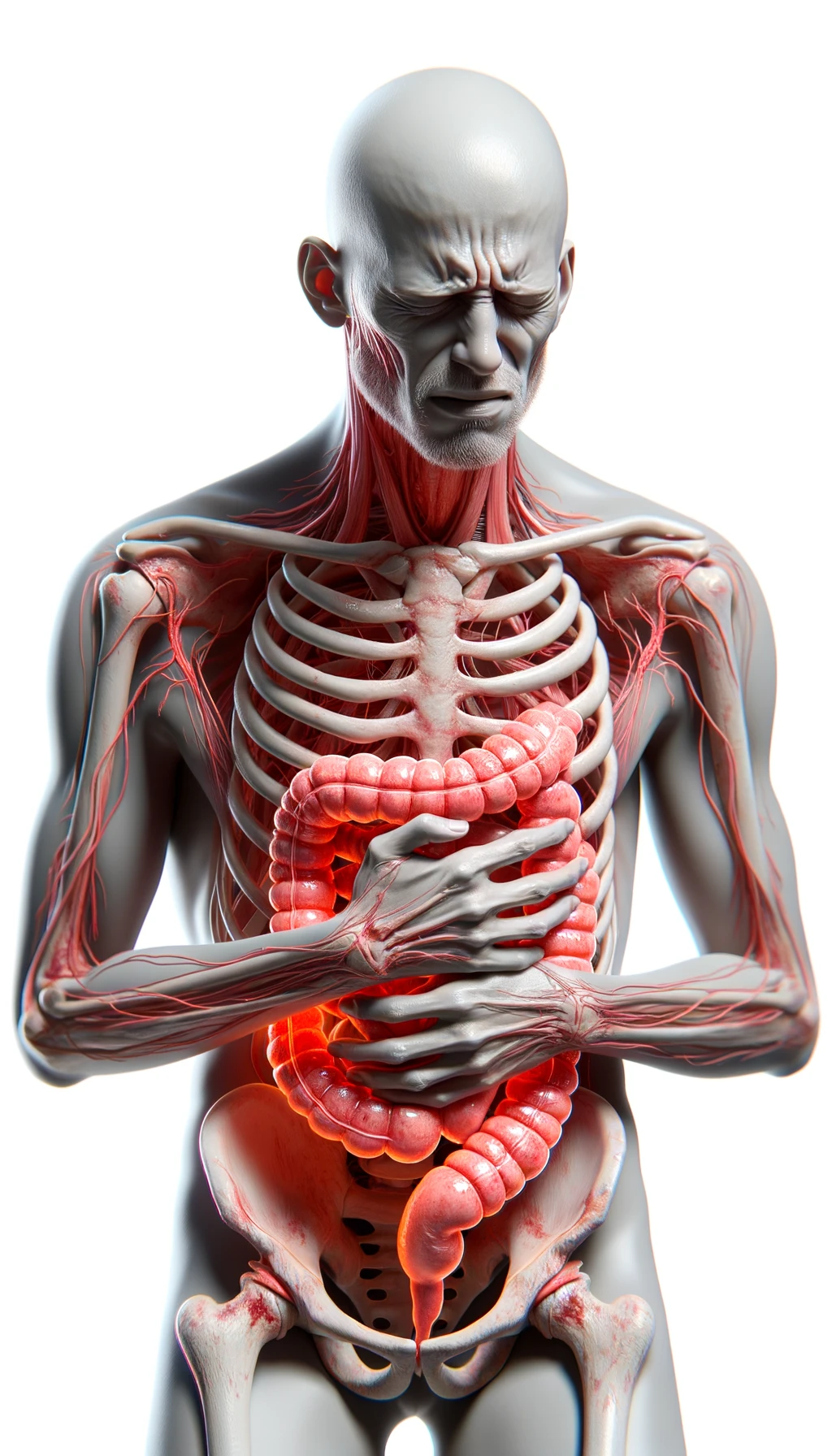 corpo umano anatomico realistico con intestino infiammato, espressione di dolore in volto, iperrealistico 4k, isolato su sfondo bianco emoji
