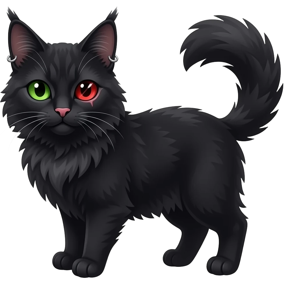 black mainecoon cat with one green eye and one red eye with scar over it and a pink nose and piercings on ears emoji