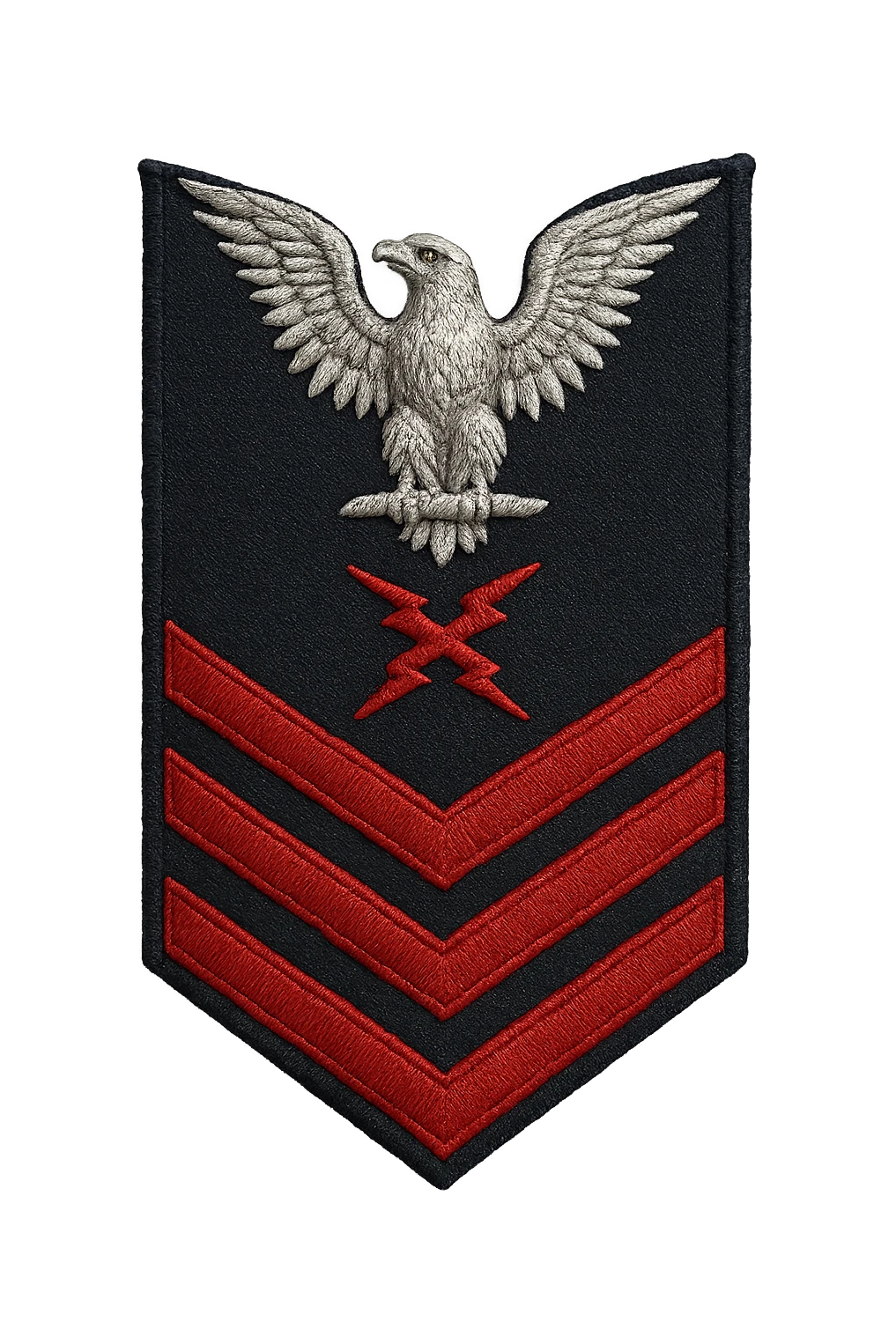 U.S. Navy Petty Officer First Class (E-6) sleeve insignia, realistic style, silver eagle perched above three red chevrons with a specialty mark in between, no background, transparent emoji