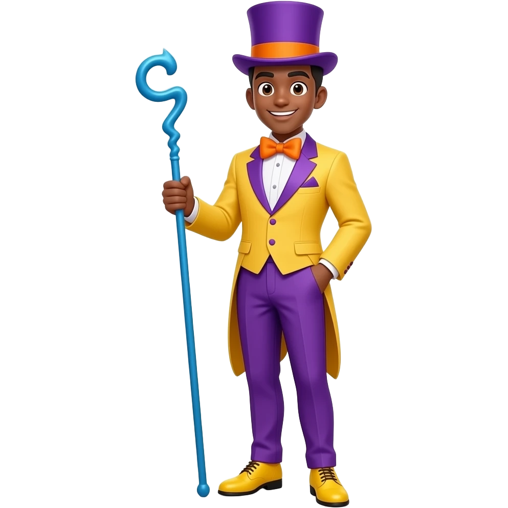 Anime men brown skin look happy yellow dress suite and purple pants purple top hat yellow dress shoes orange big bow short blue staff very tall full body emoji