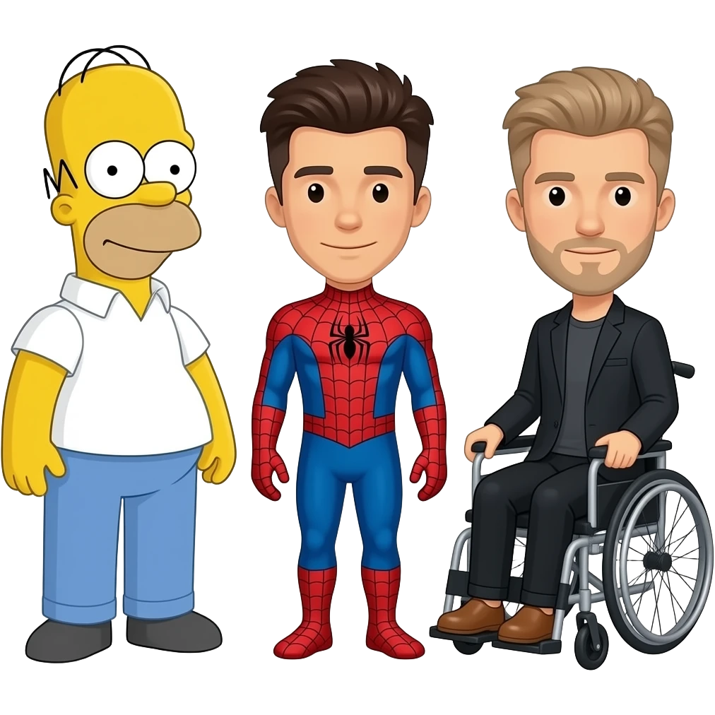"Emoji minimalista estilo cartoon: fusión de Homer Simpson adulto + Justin Bieber + Spider-Man + persona en silla de ruedas; diseño simple, colores planos, fondo transparente." emoji