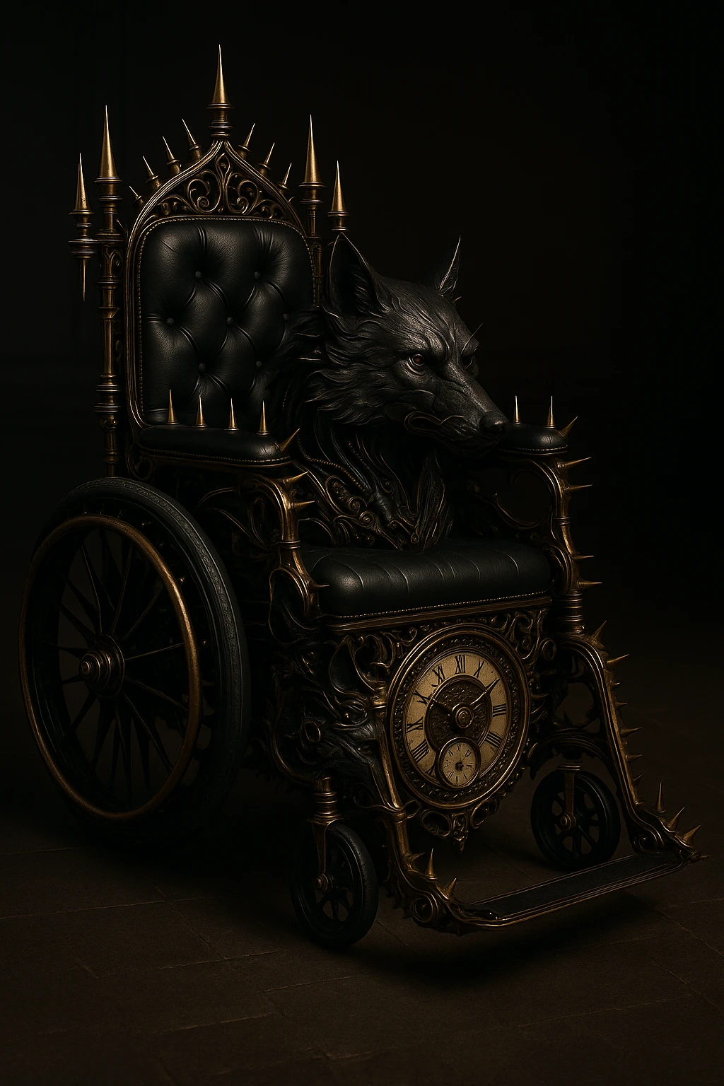 Add a gothic steampunk wolf detail to the wheelchair, keeping intricate clockwork, black leather, spiked accents, and a vintage style. The image should convey a gothic steampunk vibe with detailed mechanical and leather elements. emoji