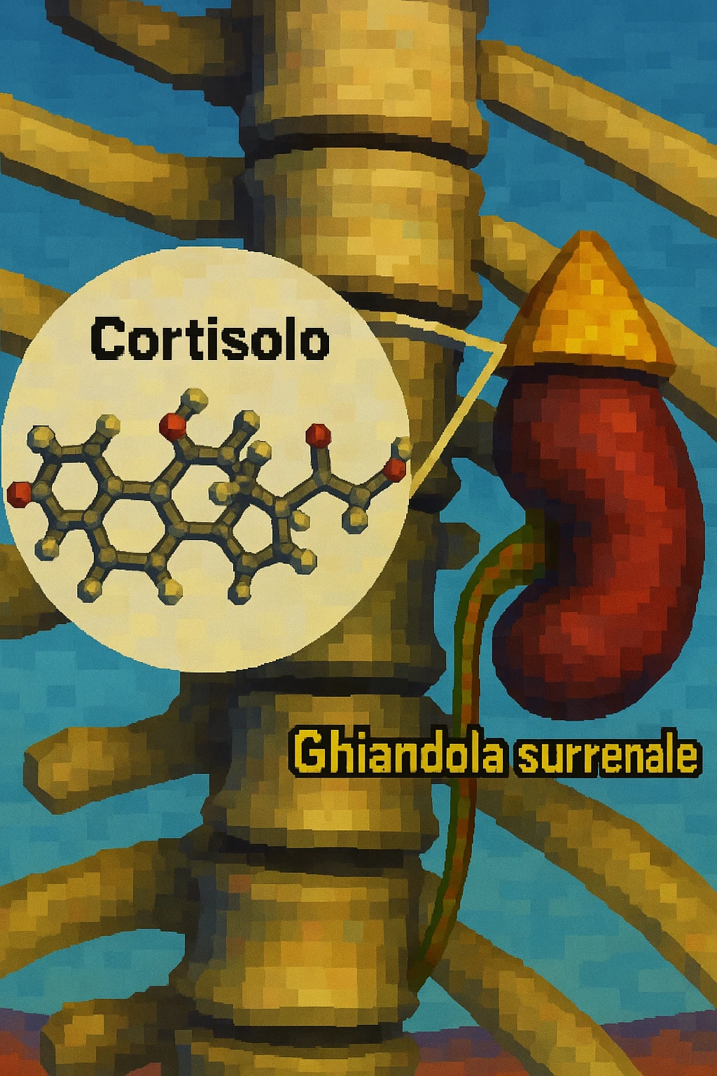 Realistic 3D medical illustration representing cortisol with its molecular structure and the adrenal gland, including clear captions in Italian. Aspect ratio 2:3, detailed and accurate anatomical features, low-poly 3D style with a realistic look. emoji