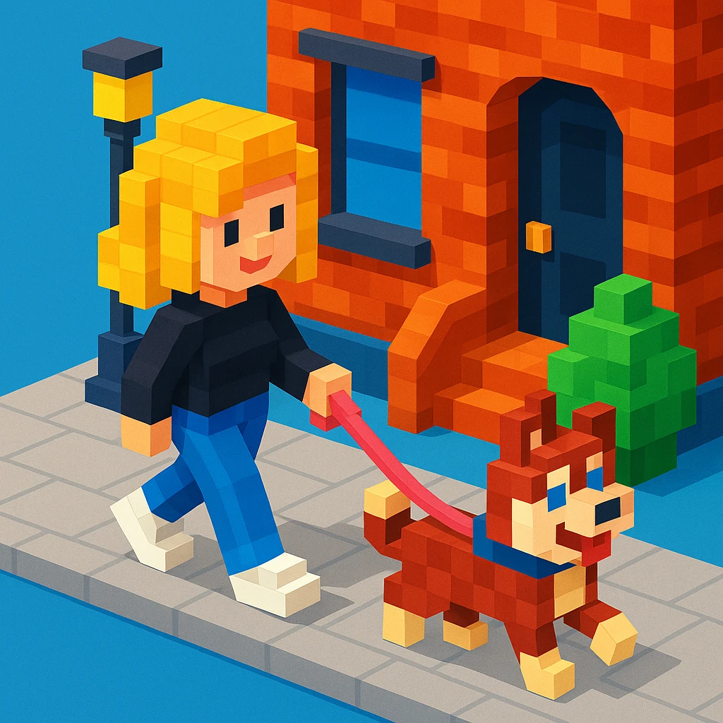Cute Blonde woman wearing a black sweater and jeans and white sneakers walking a happy red-brown blue-eyed Siberian husky in New York City on an upper east side city sidewalk  emoji