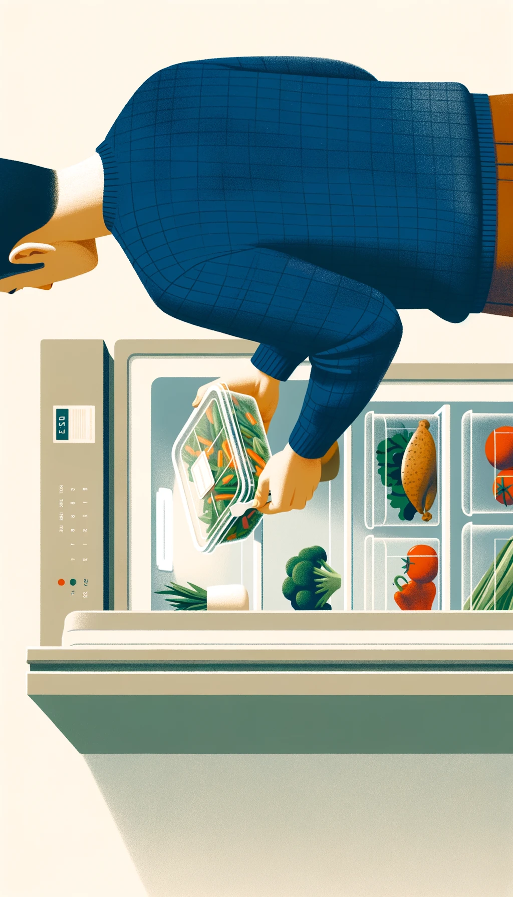 corpo umano di spalle che mette una schiscetta con del cibo già cotto in frigo, sfondo neutro chiaro emoji