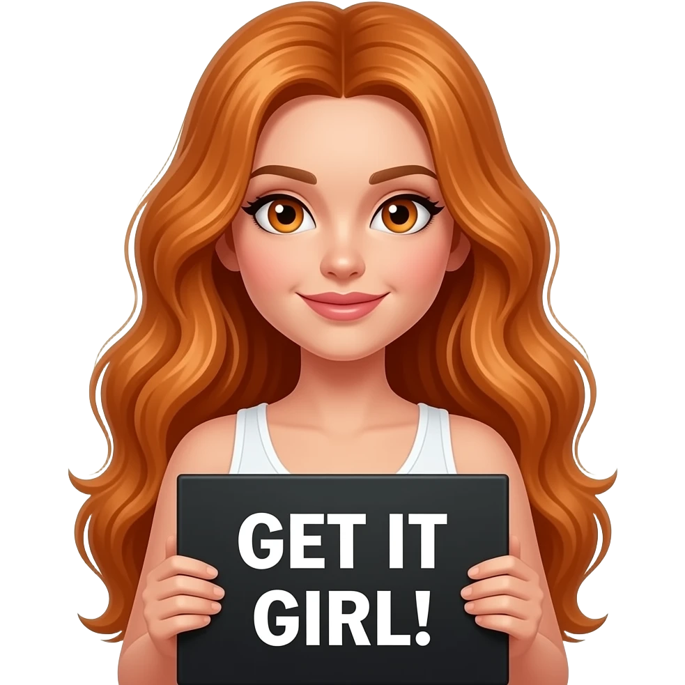 sexy girl with long wavy ginger hair and ginger eyes wearing a white tanktop is holding a black colored sign with GET IT GIRL! written on it emoji