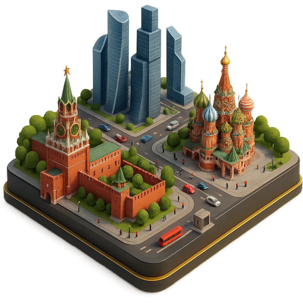 Изометричная миниатюрная 3D модель Москвы на подставке - фотореалистичный Кремль, собор Василия Блаженного, фотореалистичный Башни Москва-Сити, аккуратная детализация, яркие цвета, мультяшный реализм, гуляют люди и современный автотранспорт и метро, компактная композиция, вид сверху в изометрии emoji