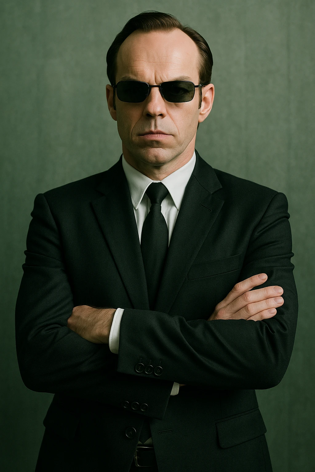 Agent Smith from The Matrix, standing with arms crossed, black suit and tie, sunglasses emoji