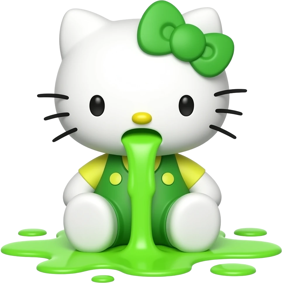 green-white hello kitty is vomiting neon green through her mouth, spewing it out onto the floor at her feet niagara fuck emoji