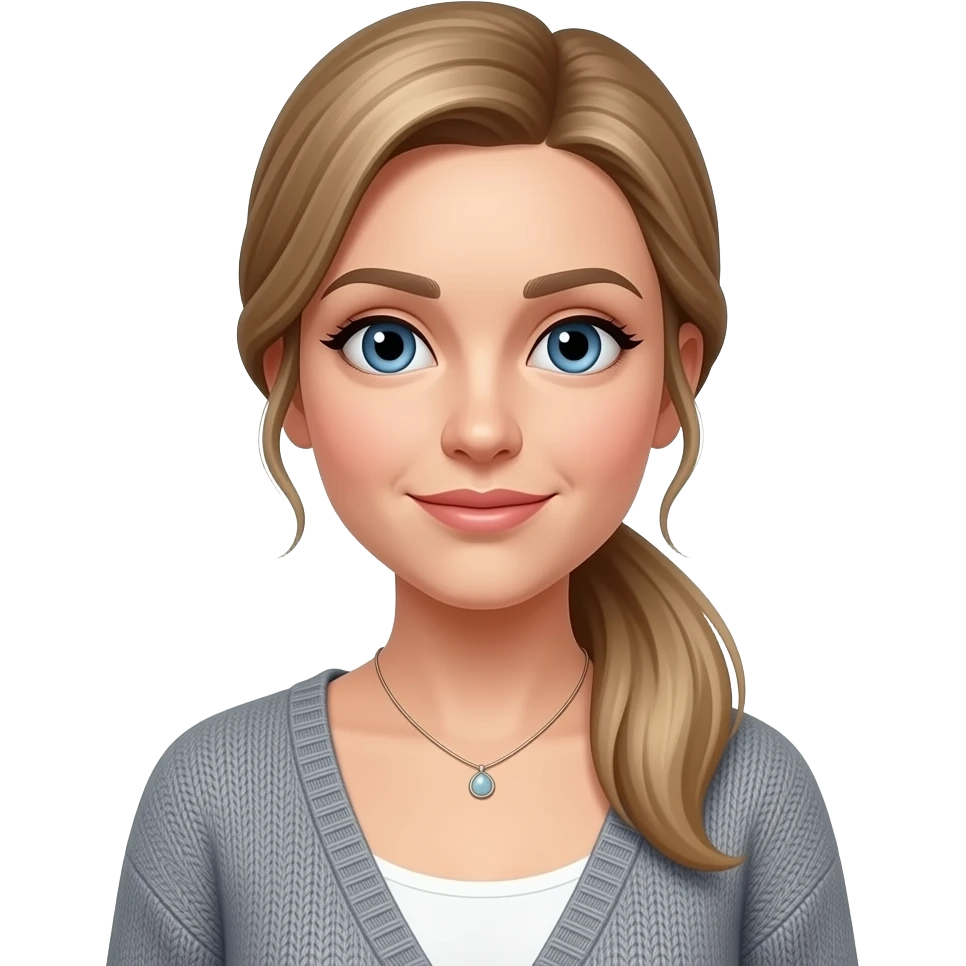 Blue eyes, fair skin, longer blonde/brown hair pony tail, 30 aged women, cardigan, grey top,small necklace emoji