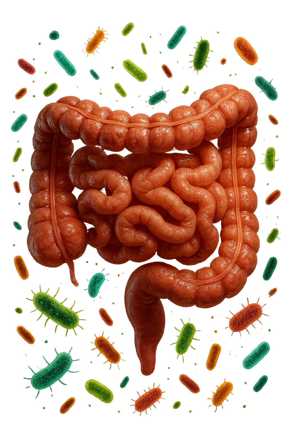 INTESTINO ANATOMICO REALISTICO CON BATTERI INTESTINALI CHE FLUTTUANO INTORNO, IPERREALISTICA 4K emoji
