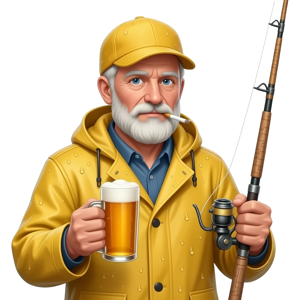 An old weathered fisherman wearing a yellow rain outfit and yellow hat with a ciggarette hanging out of his mouth, a beer in one hand, and a fishing rod in the other hand emoji