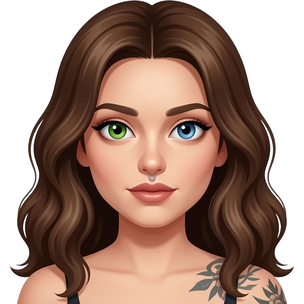 white long wavy haired brunette woman with one green eye one blue eye tattoos a philtrum piercing and a thin streak of grey hair and dark feminine makeup emoji