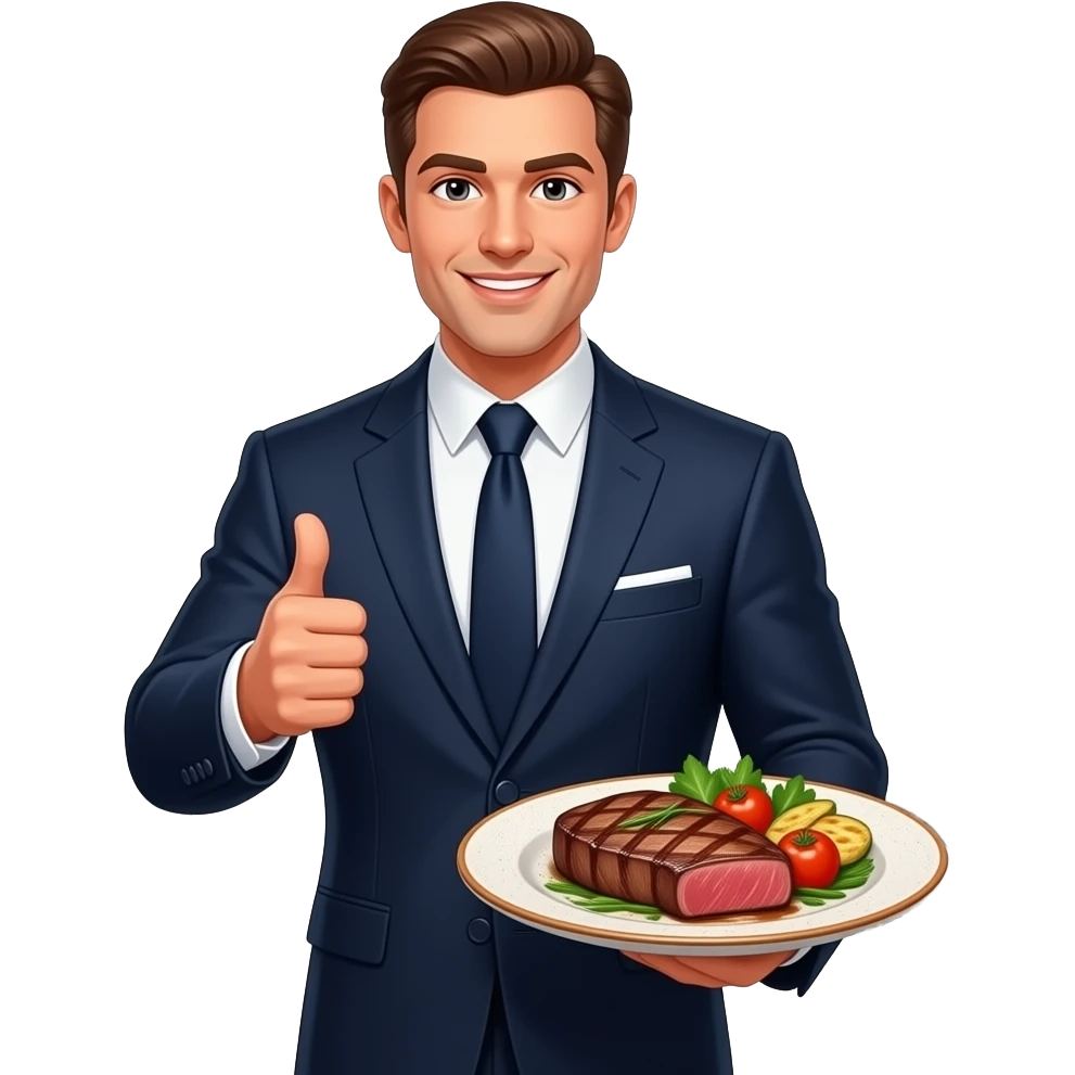 White man in nice suit full body giving thumbs up and serving a steak emoji