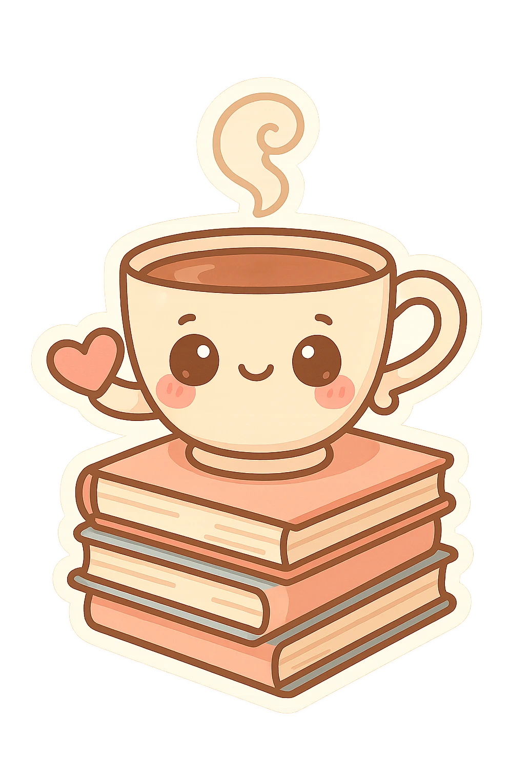 chibi teacup, pastel palette, big eyes, blushing cheeks, cute steam swirl, holding a tiny heart, sitting on a stack of books emoji