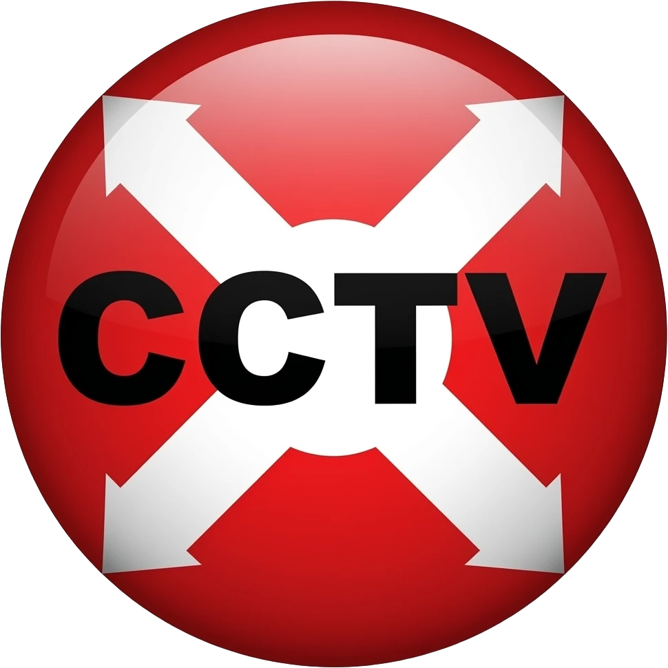 Red filled circle with white X and arrow on all end points on the X white circle in the middle. Big CCTV word in the centre in black emoji