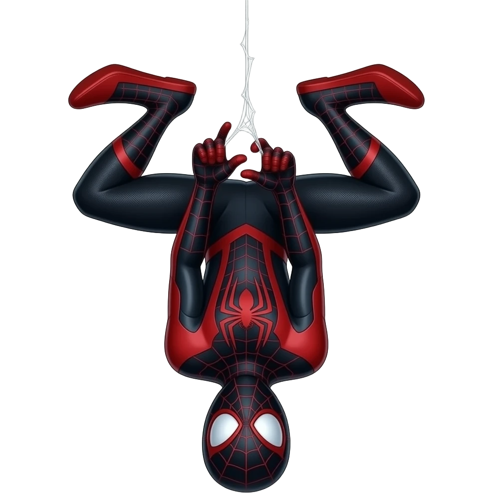 Spiderman miles morales wearing his mask in his black and red suit hanging upside-down holding the web string with both hands with his mask on emoji