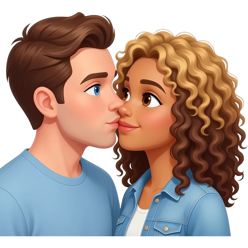 Homme blanc cheveux châtain avec yeux bleu et fille métisse cheveux bouclés marrons et blonds avec des yeux marrons qui s’embrassent emoji