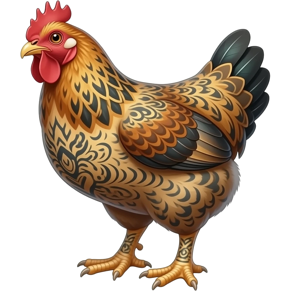 surrealistic - a plucked, bald, tattooed wild hen with grown thick male feet like a Hobbit, shown at a 45 degree angle emoji