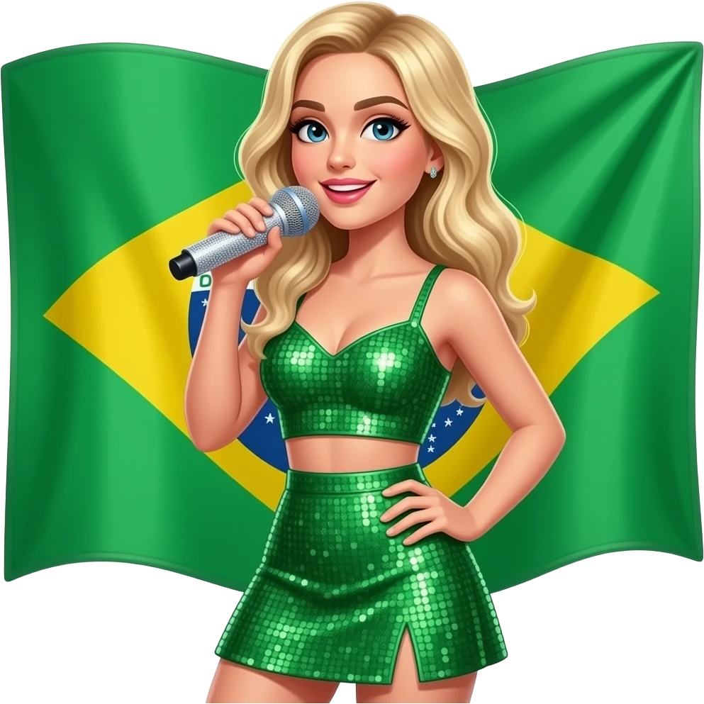 Sabrina carpenter blonde hair with sparkle microphone in a green sequin crop top and skirt, performing at a concert with an BraziliAn flag in the background emoji
